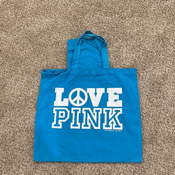 PINK Victoria Secret LOVE PINK Canvas Tote Beach Style Blue Shoulder Bag - Picture 9 of 13